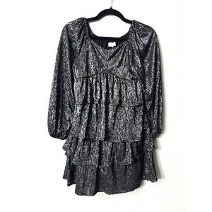 Walking On Sunshine Girls XL Black Metallic Tiered Ruffle Dress Party Holiday
